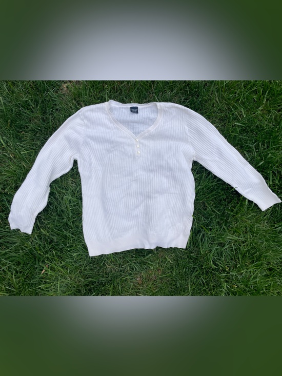 Vintage Tops - Bright White Ribbed Cotton Henley Sweater 90's Y2K Grandmacore